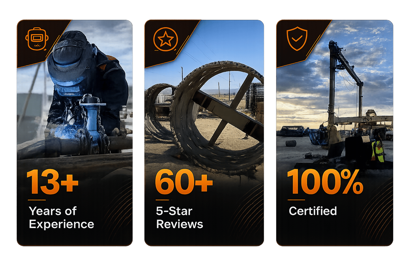 Industrial welding and certified construction services with 13 years of experience and 5-star reviews.