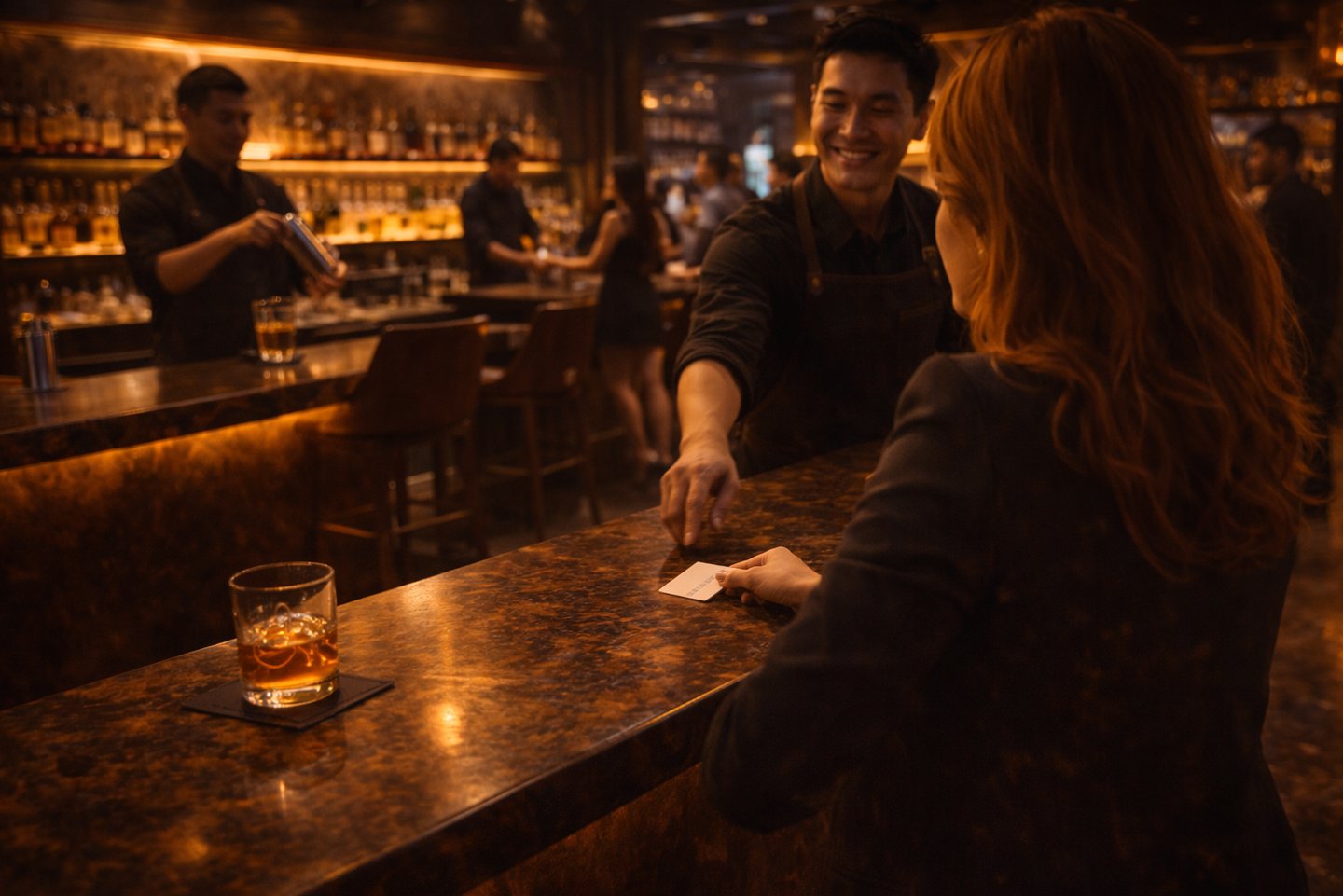 Customer speaking with staff at bar showing service engagement