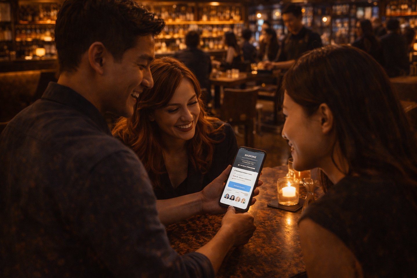 Staff showing customer Google review page on phone at table