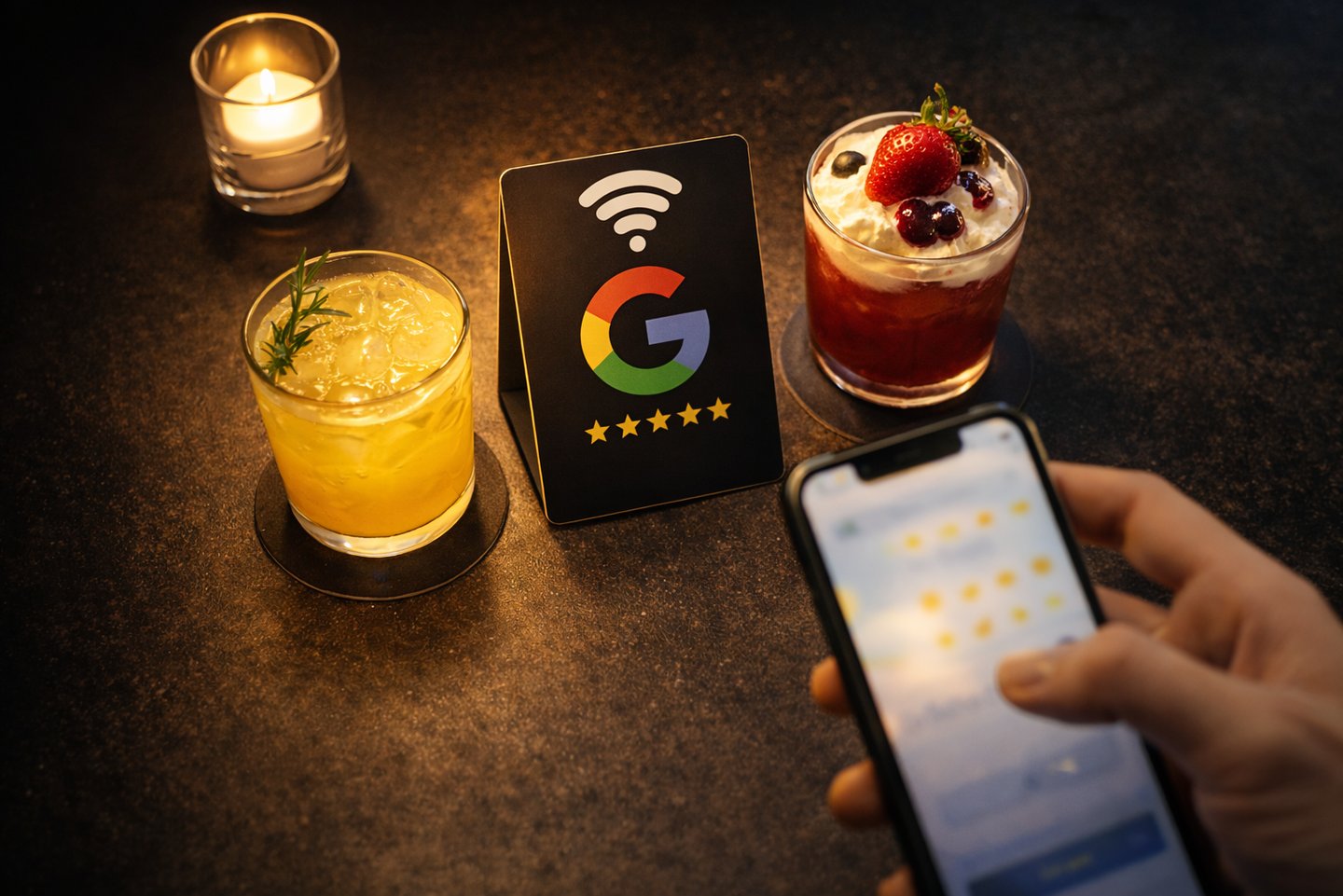 Phone beside drinks and Google review display card on restaurant table