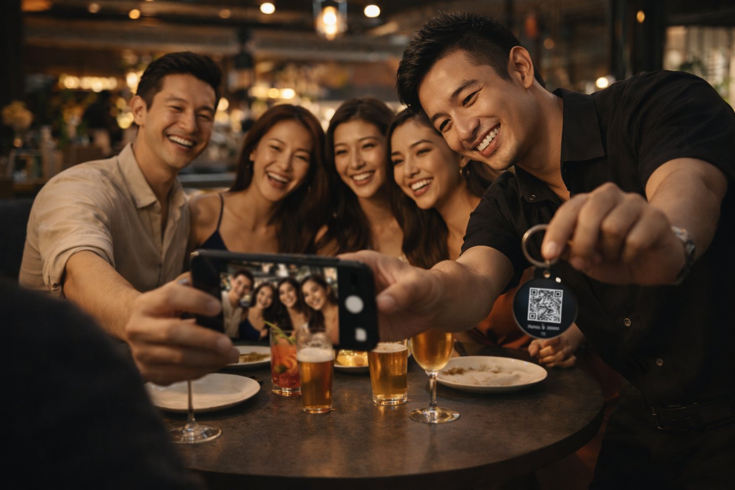 Group taking selfie together at restaurant showing social sharing behaviour