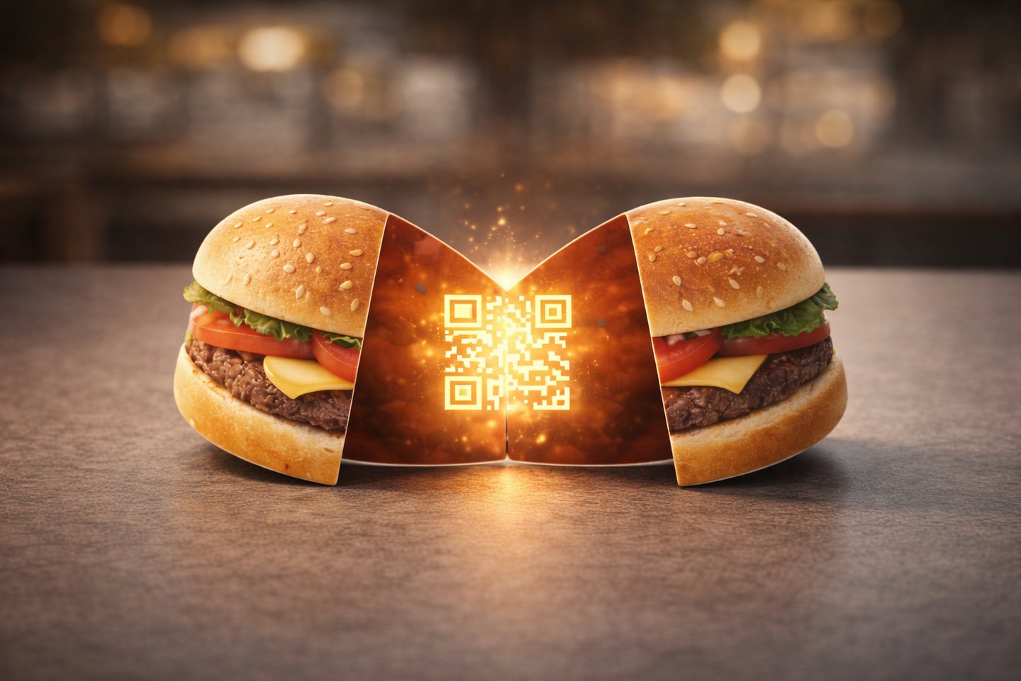 Burger shaped promotional card with glowing centre showing interactive marketing concept