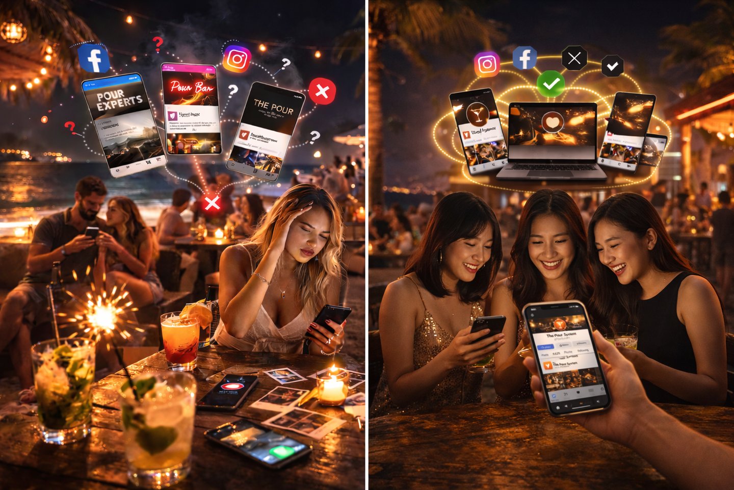 Guests reviewing content together while coordinated social profiles display consistent hospitality branding