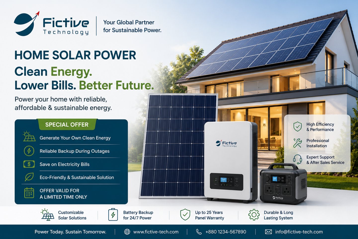 Home solar power system with rooftop panels and battery backup for sustainable energy.