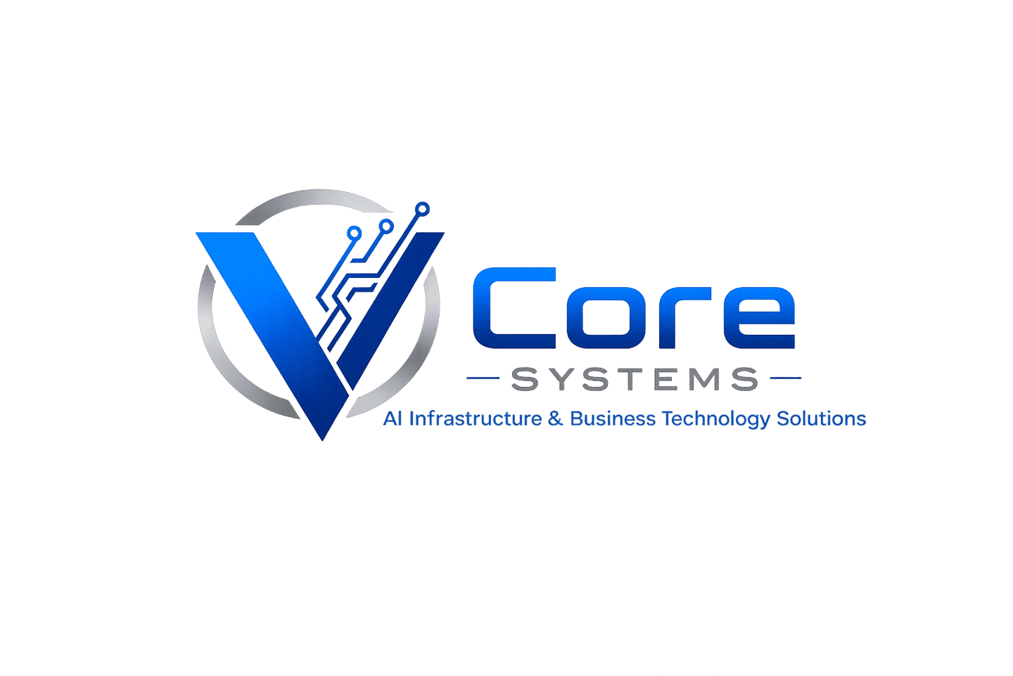 V Core Systems logo for AI infrastructure and business technology solutions featuring a blue circuit design.