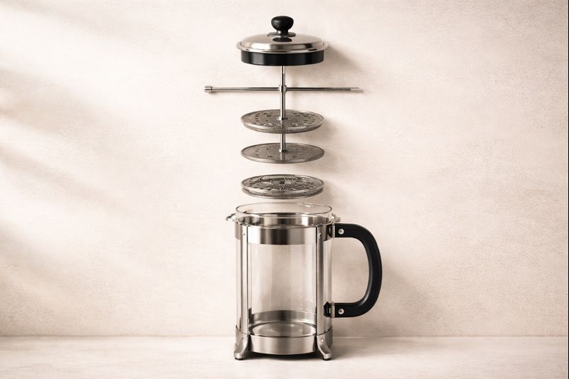 Componentes da prensa francesa separados jarra, êmbolo, filtro e tampa
