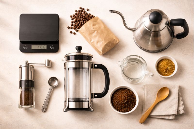 Equipamentos necessários para café em prensa francesa: cafeteira, moedor, balança, chaleira e cronóm