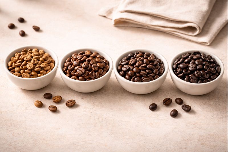Grãos de café com diferentes níveis de torra: clara, média e escura em tigelas separadas