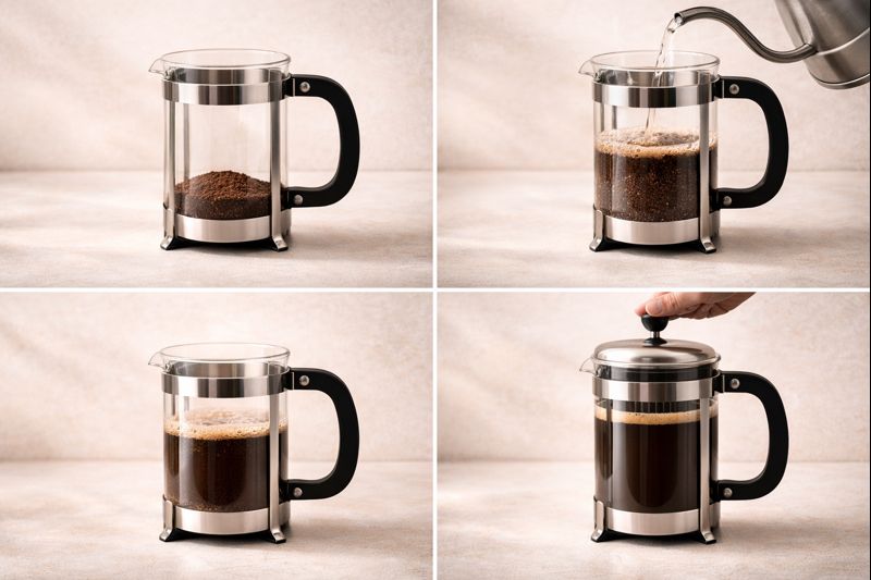 Passo a passo visual da preparação de café em prensa francesa do início ao fim