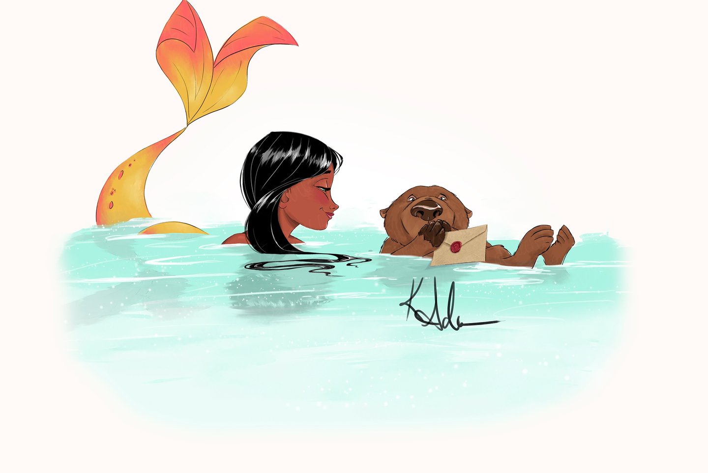 Mermaid and otter holding mail children's book illustration curious black hair colorful tail