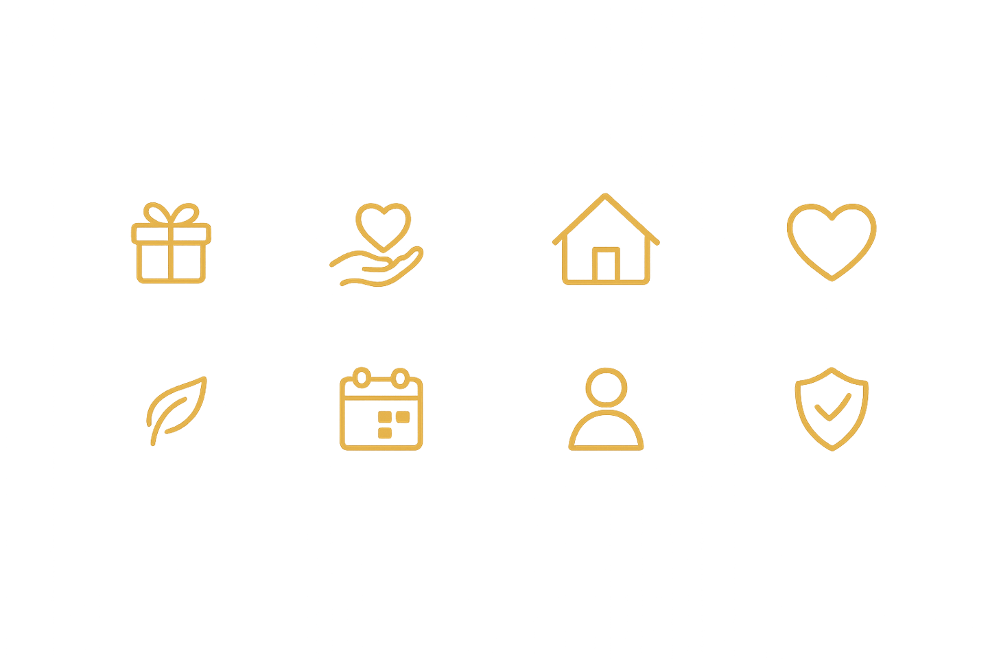 Gold thin line icons representing charity, home, and health on a black background.