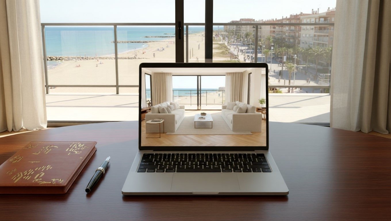ortátil mostrando salón mediterráneo en Valencia con balcón y vista al paseo marítimo y playa amplia