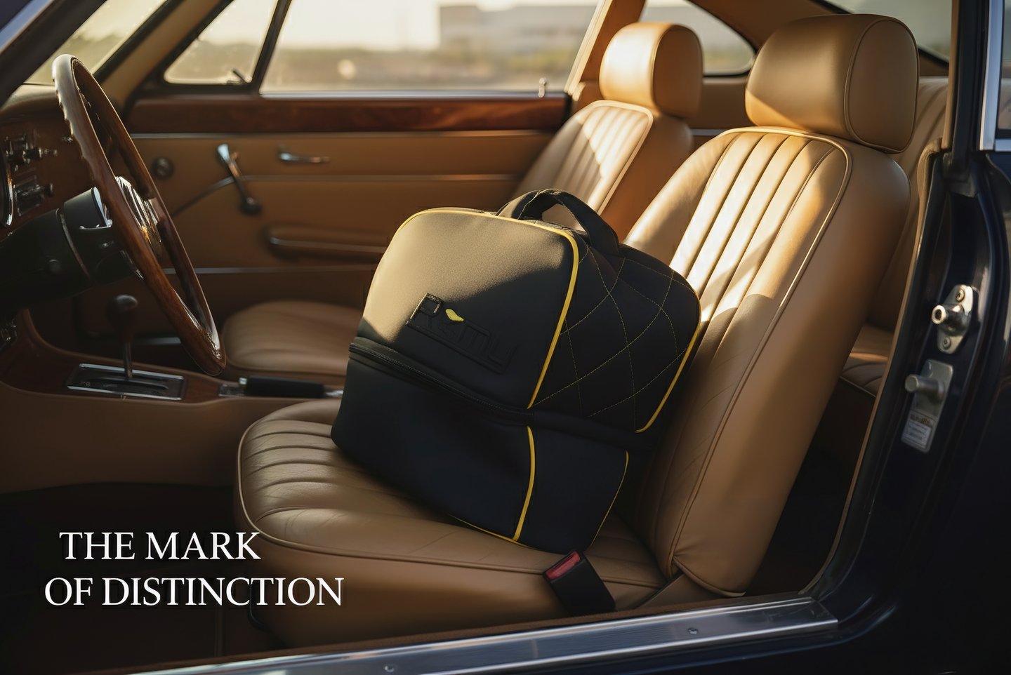 a helmet bag sitting on the front seat of a car