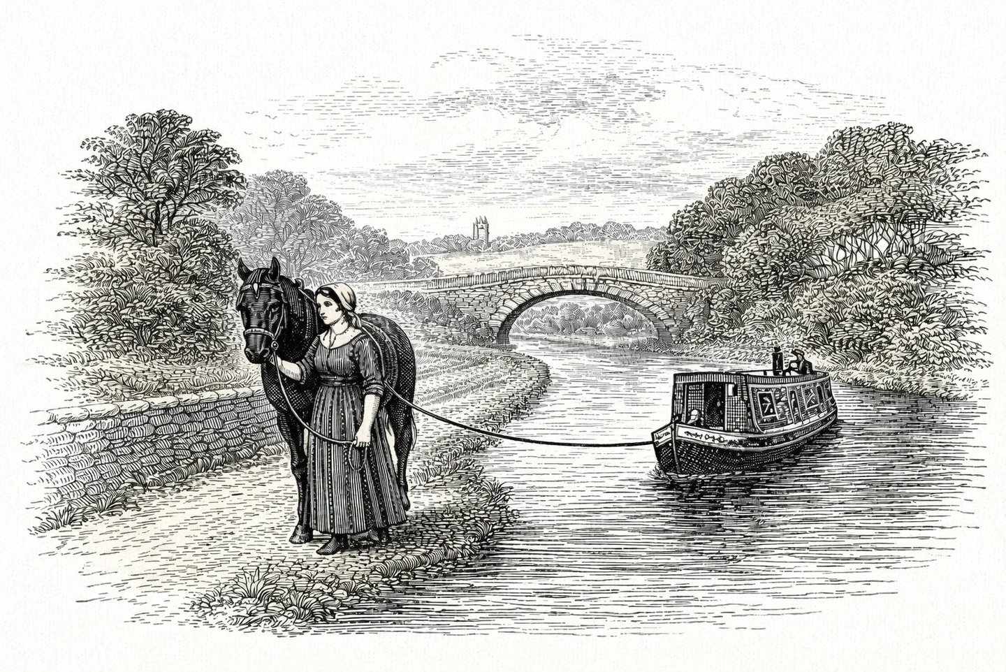 Woman leads a horse pulling a narrowboat