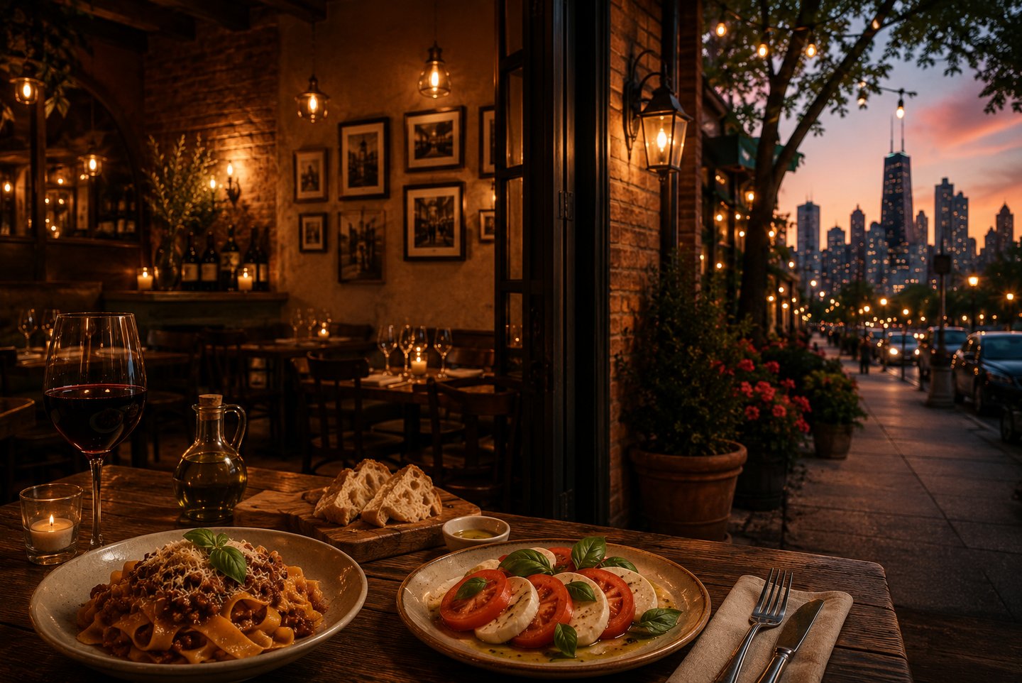 Cozy Italian restaurant patio with pasta and caprese salad overlooking a city skyline at sunset.