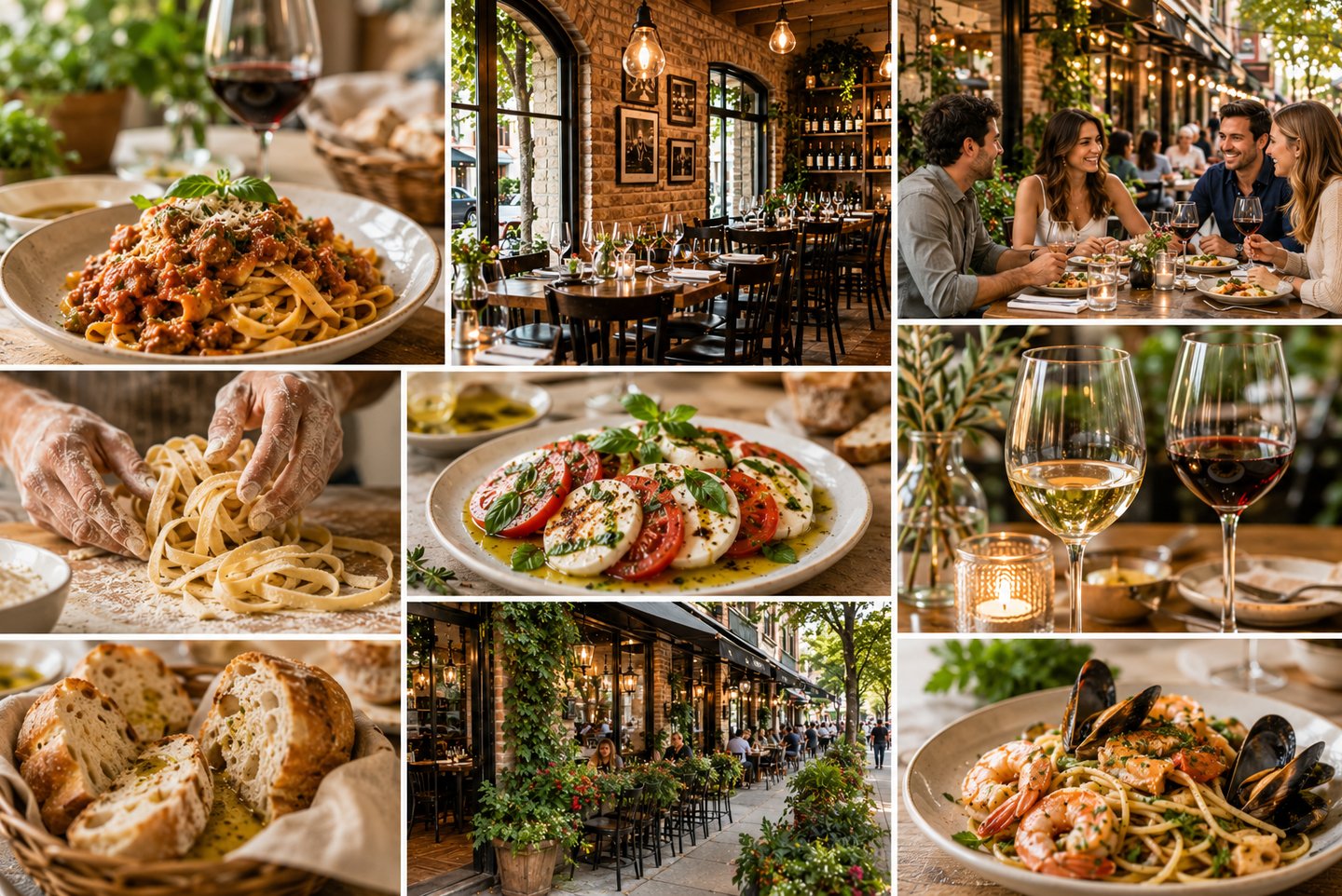 Collage of authentic Italian restaurant scenes featuring fresh pasta, caprese salad, wine, and people dining outdoors.