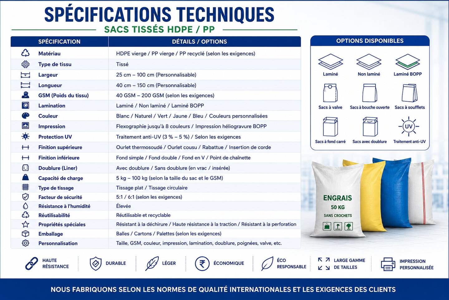 Technical specifications table for HDPE and PP woven bags with customizable industrial sack options.