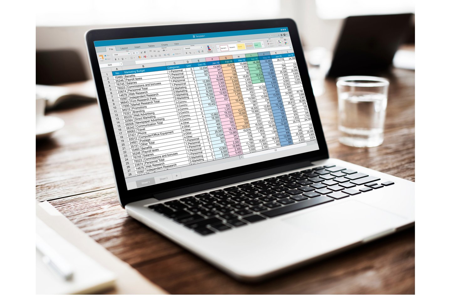 a laptop computer screen displaying a spreadsheet for bookkeeping