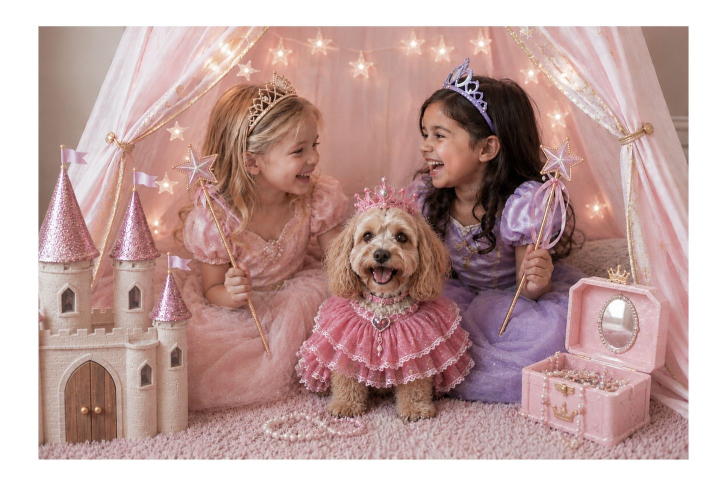 Two little girls dressed as princesses playing in a magical pink play tent with a princess dog, castle and fairy lights.