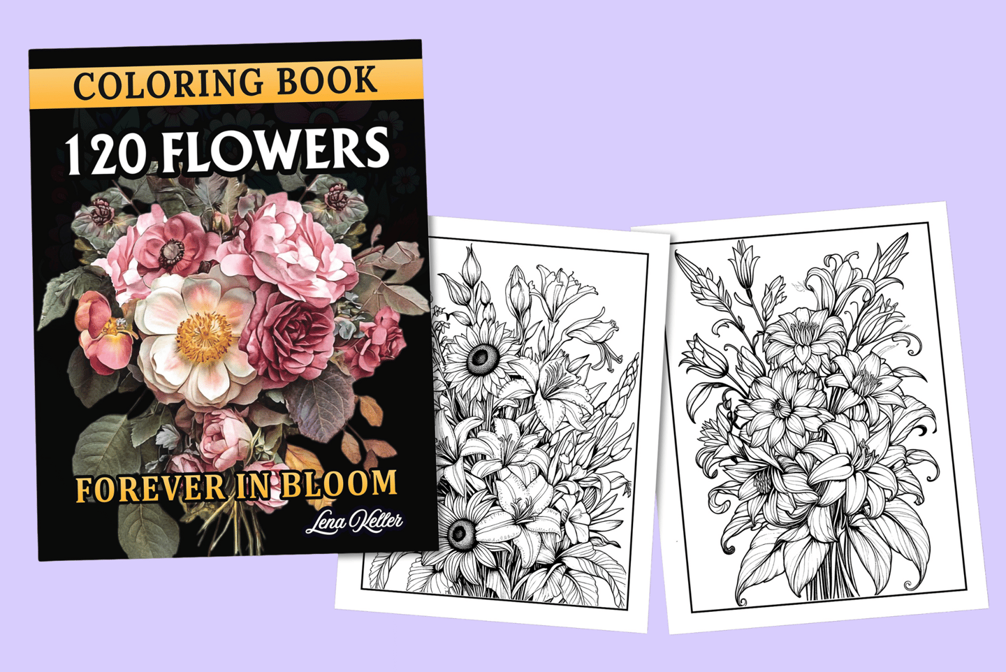 A coloring book with 120 Floral Designs that include flower bouquets in vases and realistic blooms