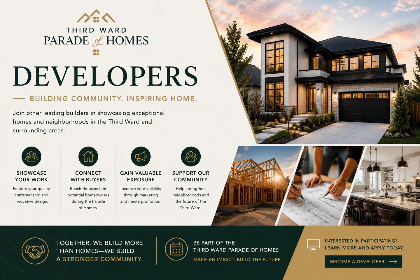 Third Ward Parade of Homes advertisement for developers featuring a modern luxury house and architectural blueprints.