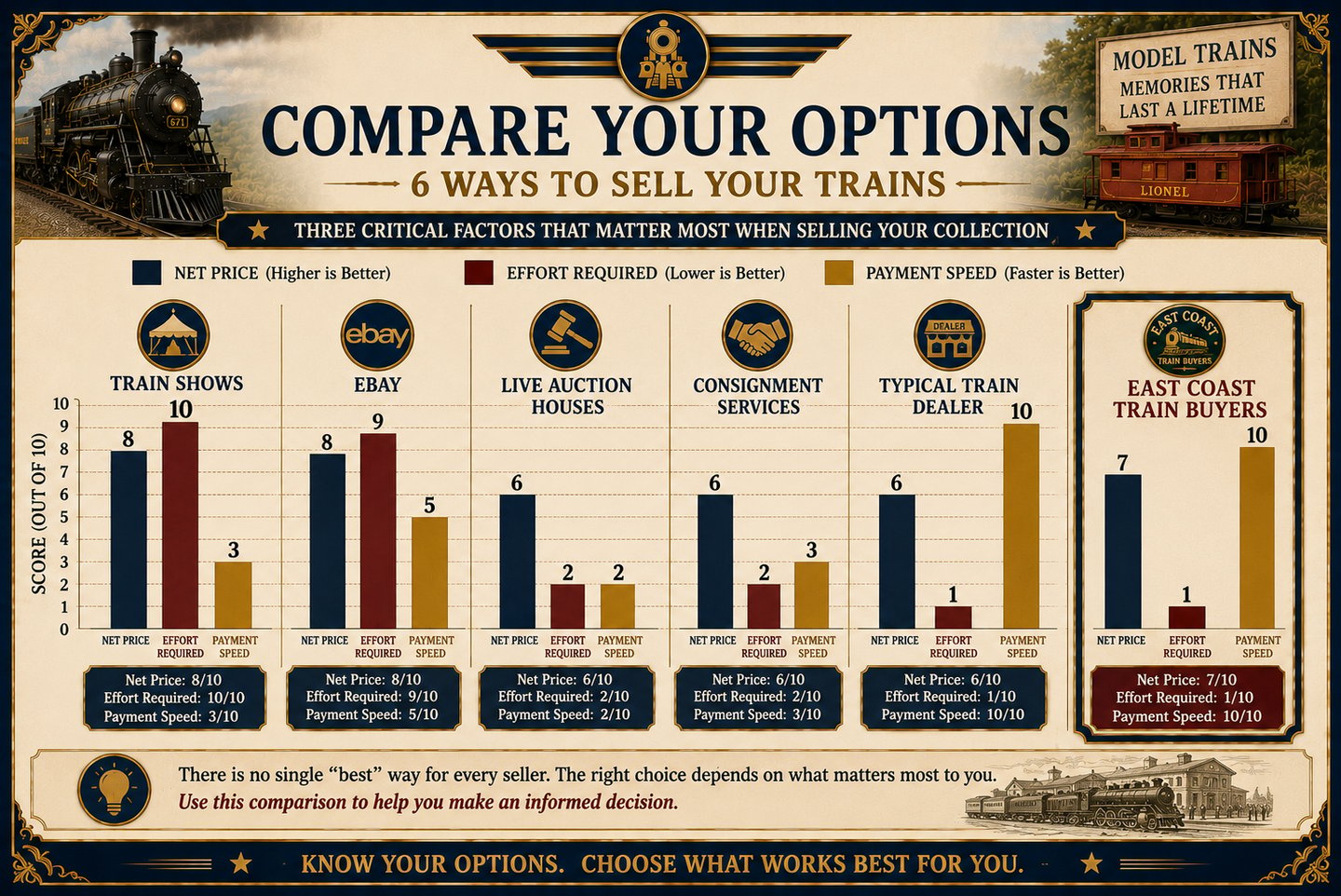 Infographic comparing six ways to sell a model train collection by price, effort, and payment.