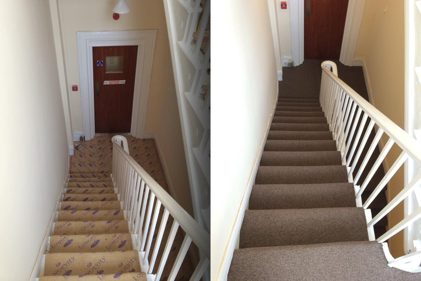 Before and after Hove staircase carpet installation featuring a durable brown textured pile.