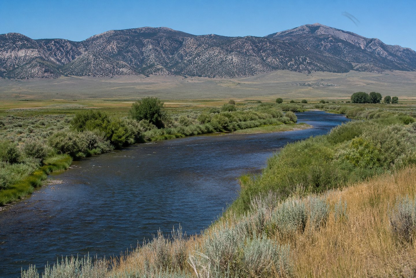 A wide blue river flowing through a green valley landscape with tall mountains in the background.