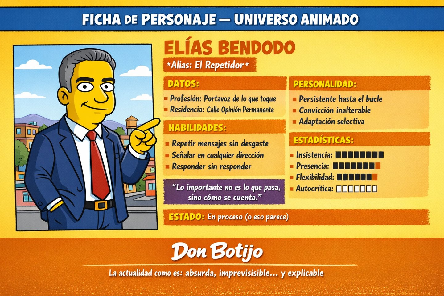 Infografía de la ficha de Bendodo Ilustración satírica de Bendodo como personaje animado en un supue