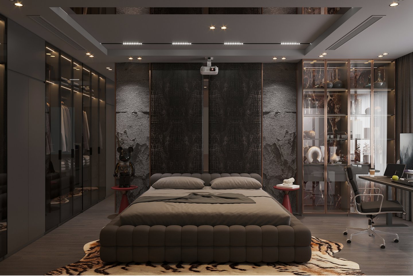 Luxury modern bedroom interior with dark grey aesthetic, tufted bed, and home office workstation.
