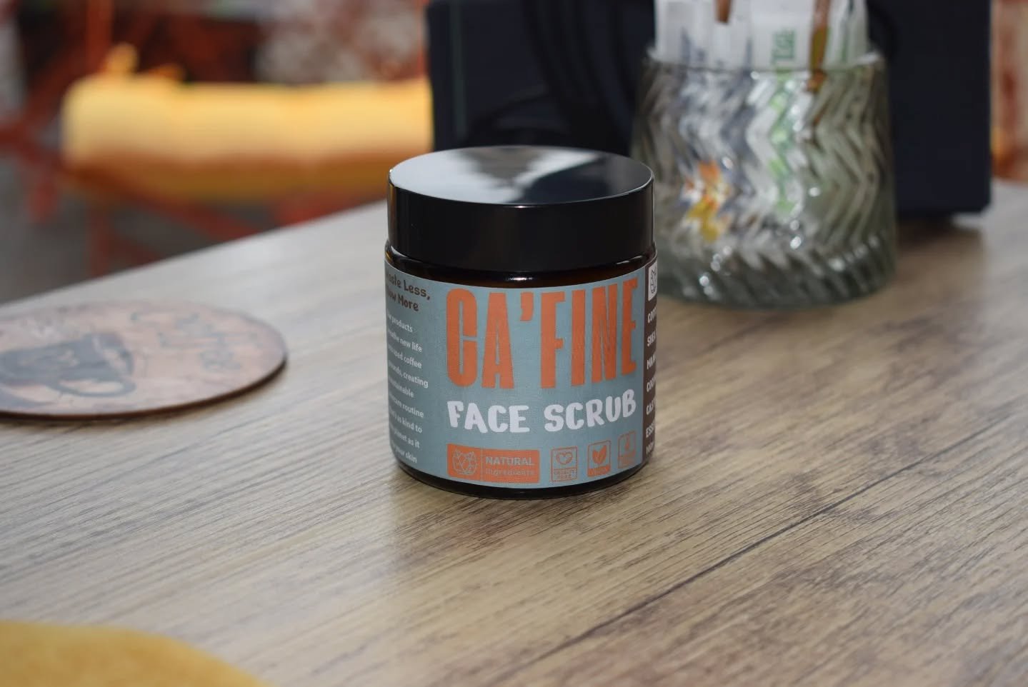 coffee face scrub on a table in a worcester coffee shop
