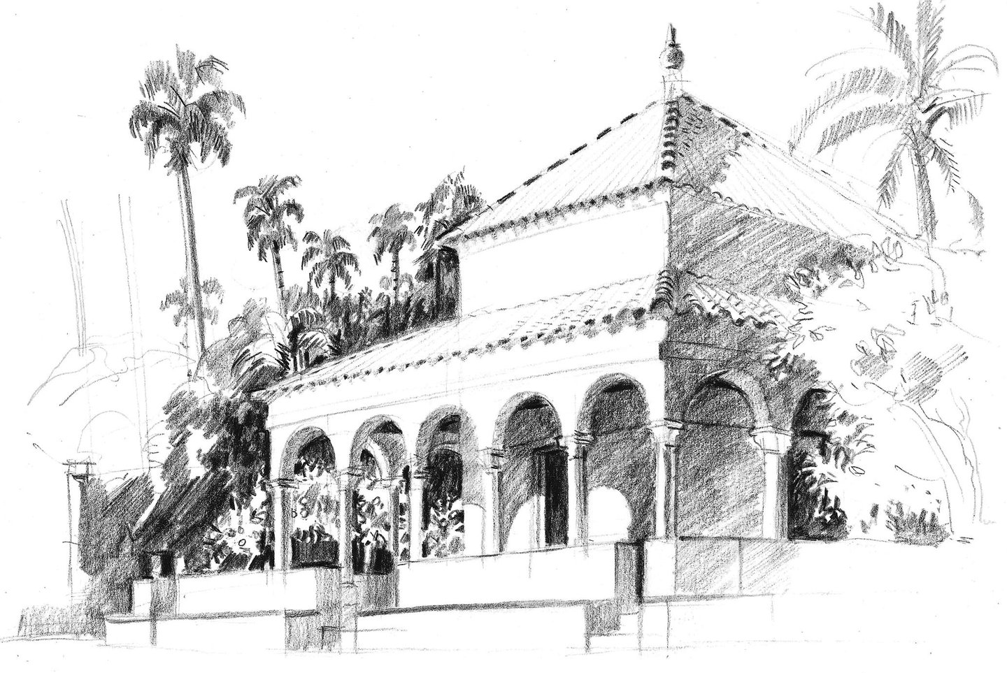 Dessin de paysage à la pierre noire représentant l'Alcazar à Séville