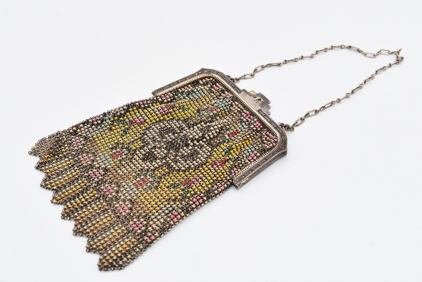 Vintage antique metal mesh purse with colorful floral pattern and chain strap