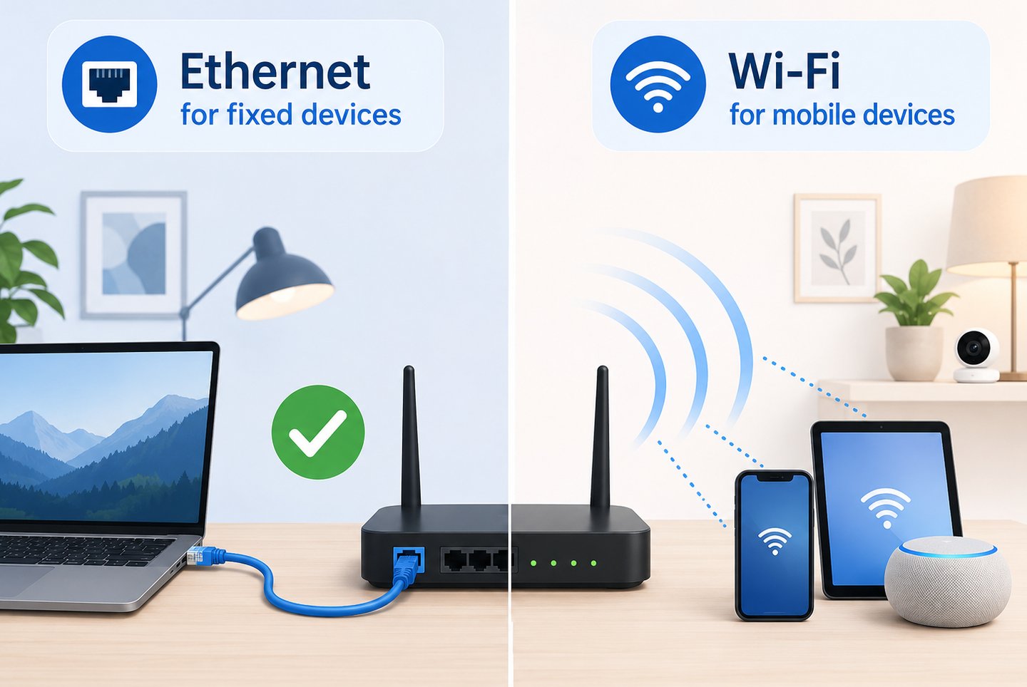 Ethernet cable connected to a router beside Wi-Fi devices using wireless signal at home.