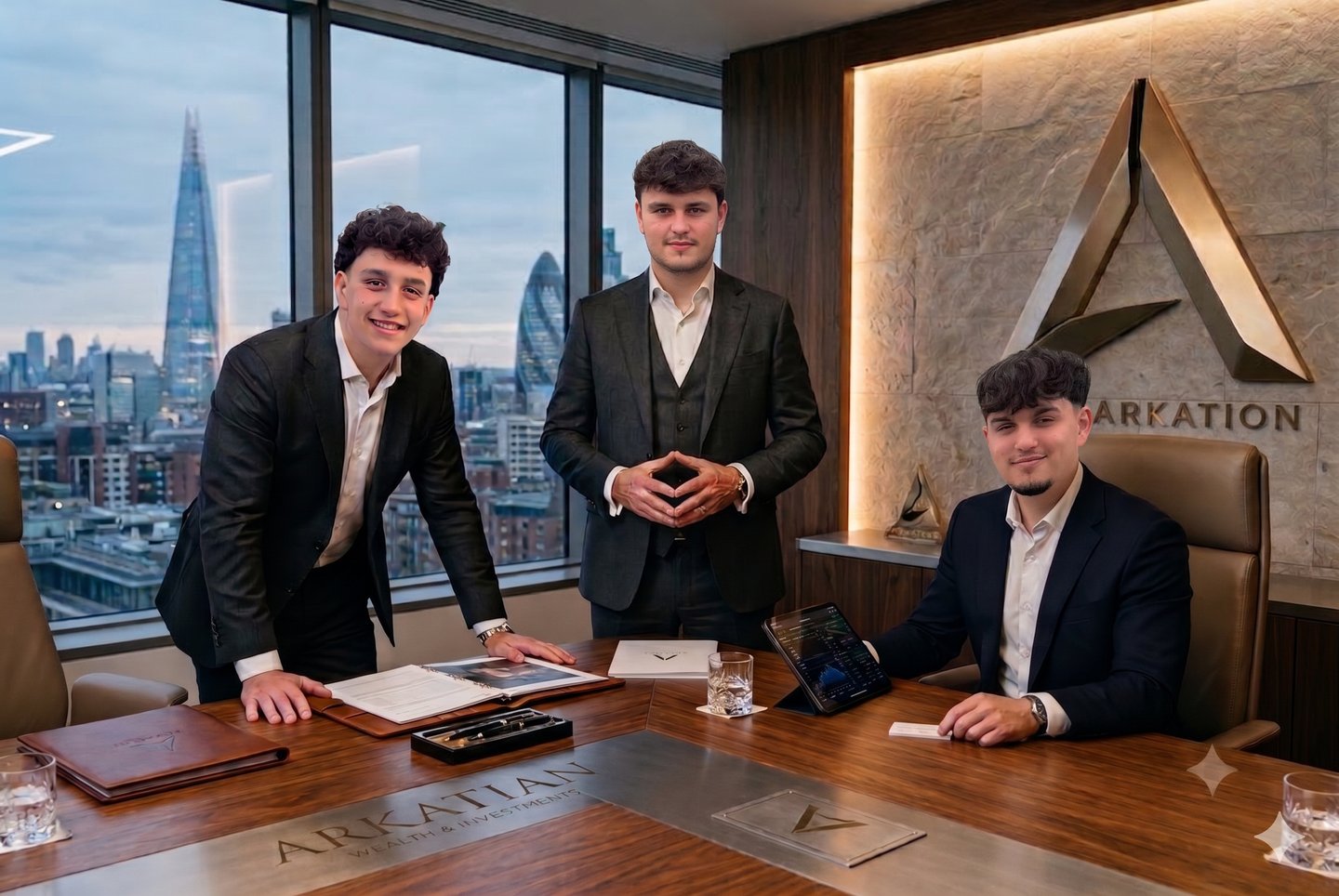 Arkation Wealth and Investments team posing in a luxury London office overlooking the city skyline.