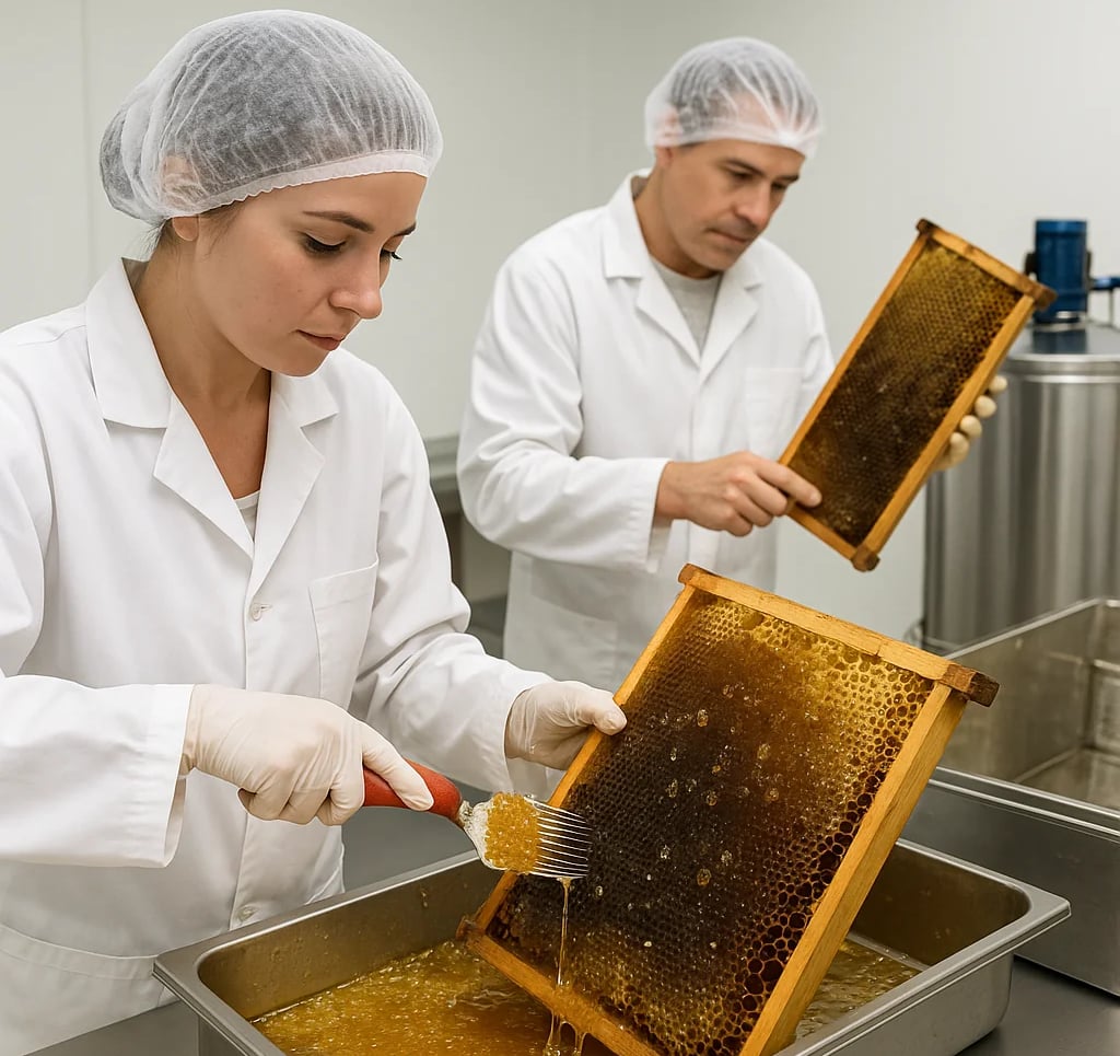 Colheita e extração de mel fresco com centrifugadora