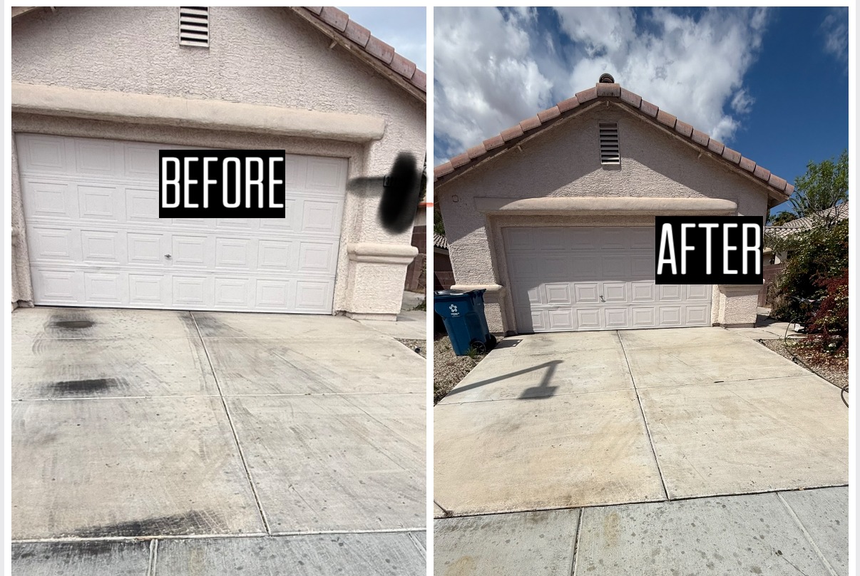 before and after image of a driveway pressure washing job