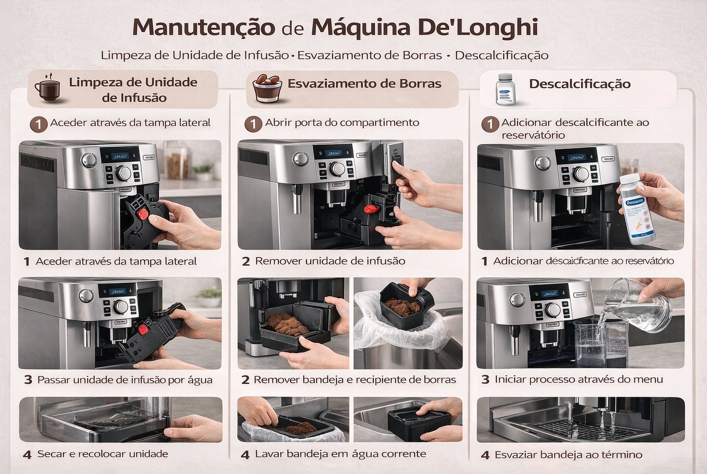 Guia visual de manutenção passo a passo de máquina De'Longhi