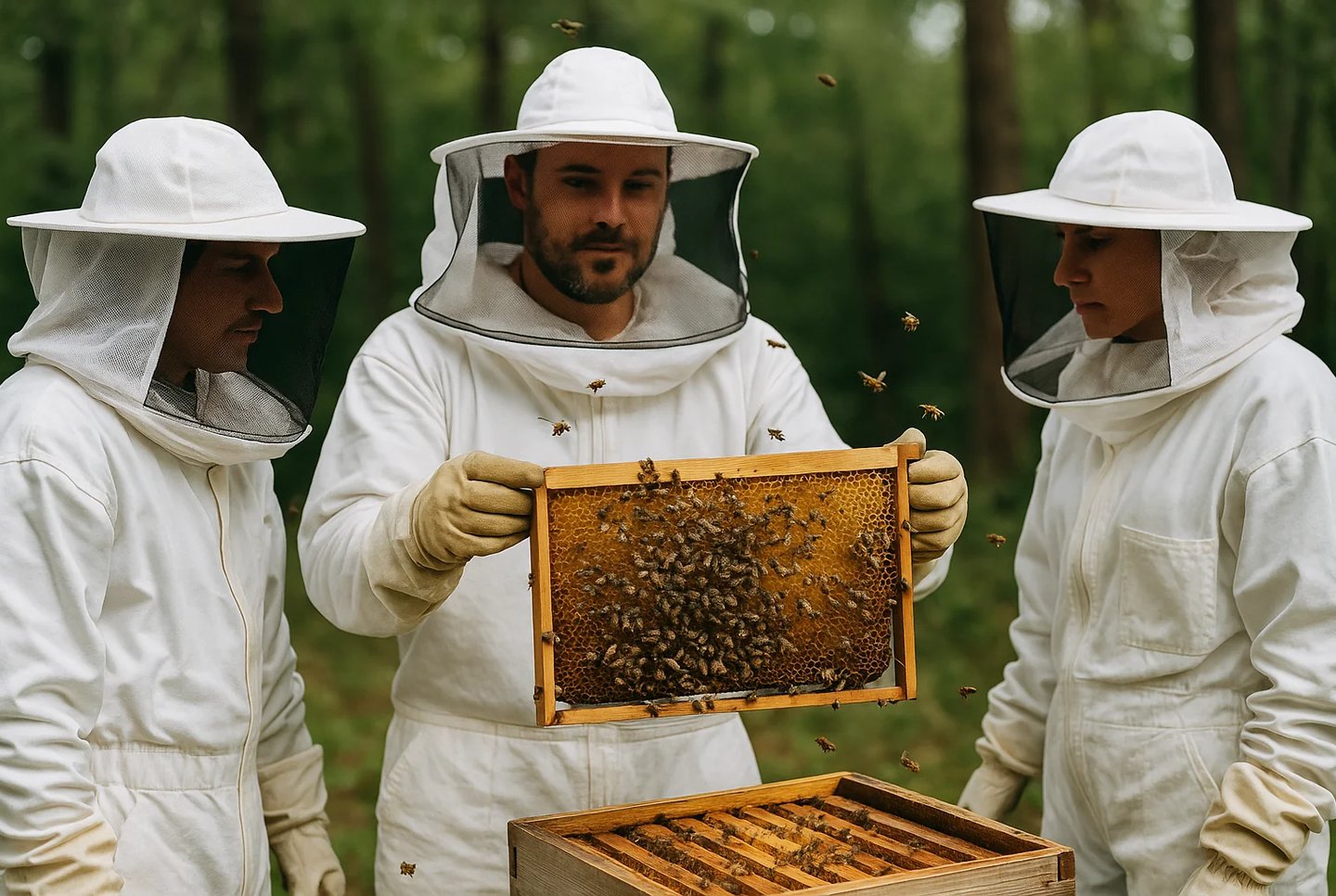 Participantes vestidos com fato apícola a observar colmeias abertas