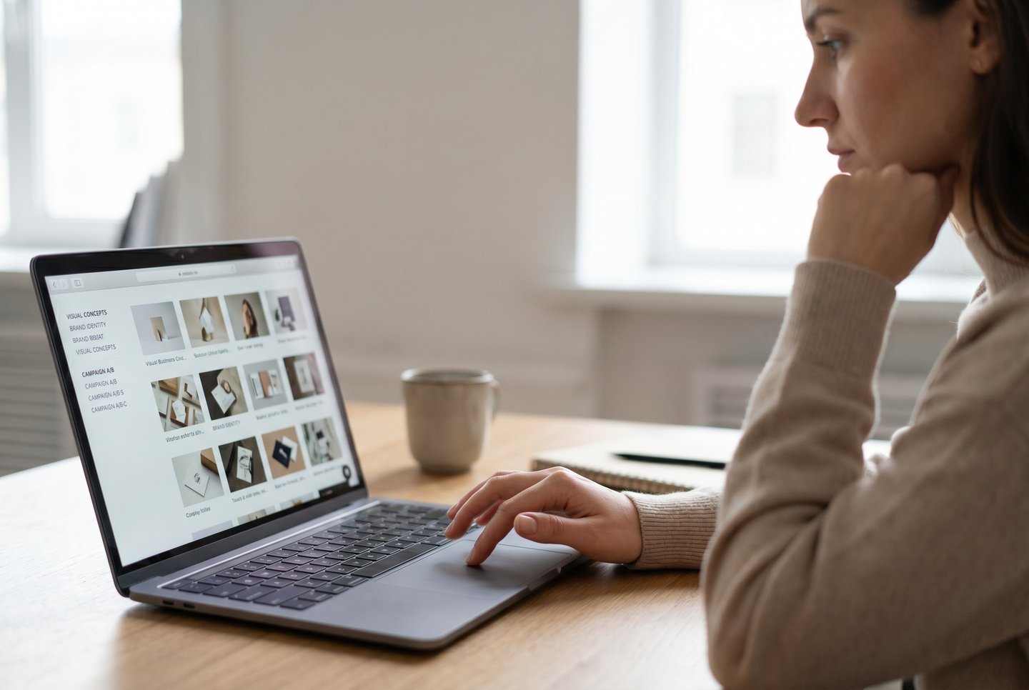 A female graphic designer reviews a digital portfolio on a laptop while working in a bright office.