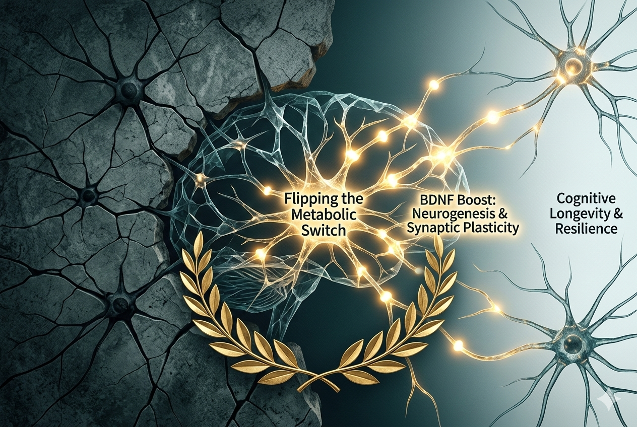 "A striking conceptual 3:2 hero image titled 'The Neural Awakening' for the post 'The Fasting Brain.