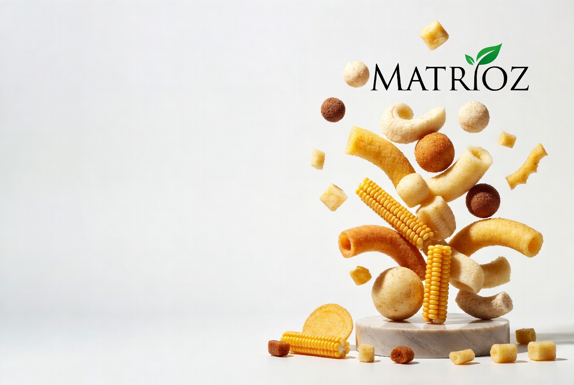 Assorted Matrioz corn snacks and puff appetizers levitating over a marble pedestal.