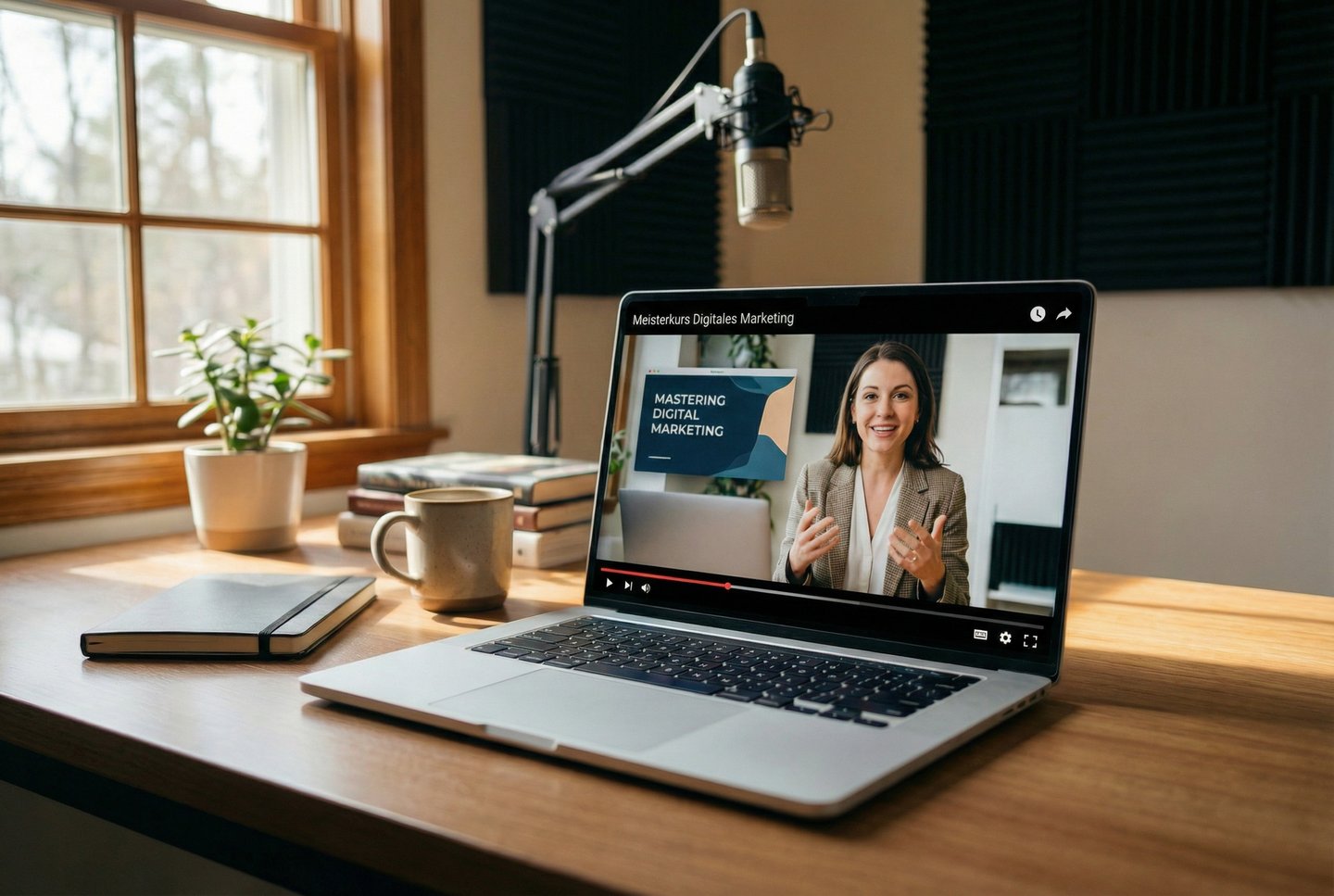 Laptop on a desk displaying a digital marketing masterclass video in a cozy home office setting.