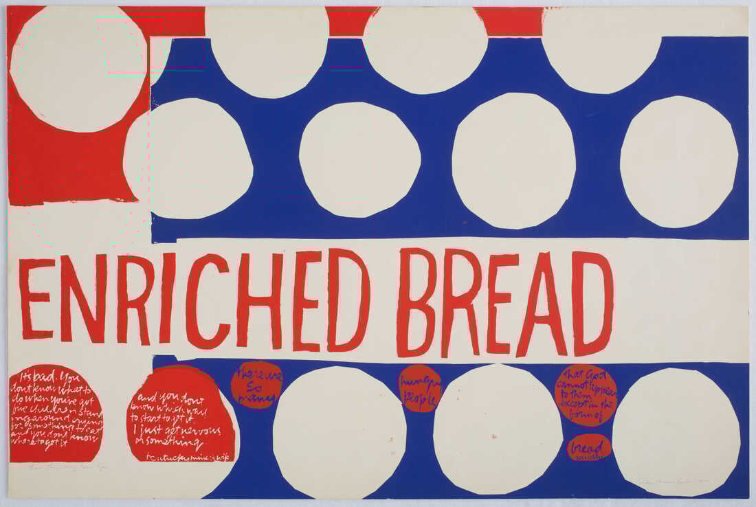 Serigrafia colorida e vibrante de Sister Corita Kent, com texto inspirador e design gráfico arrojado