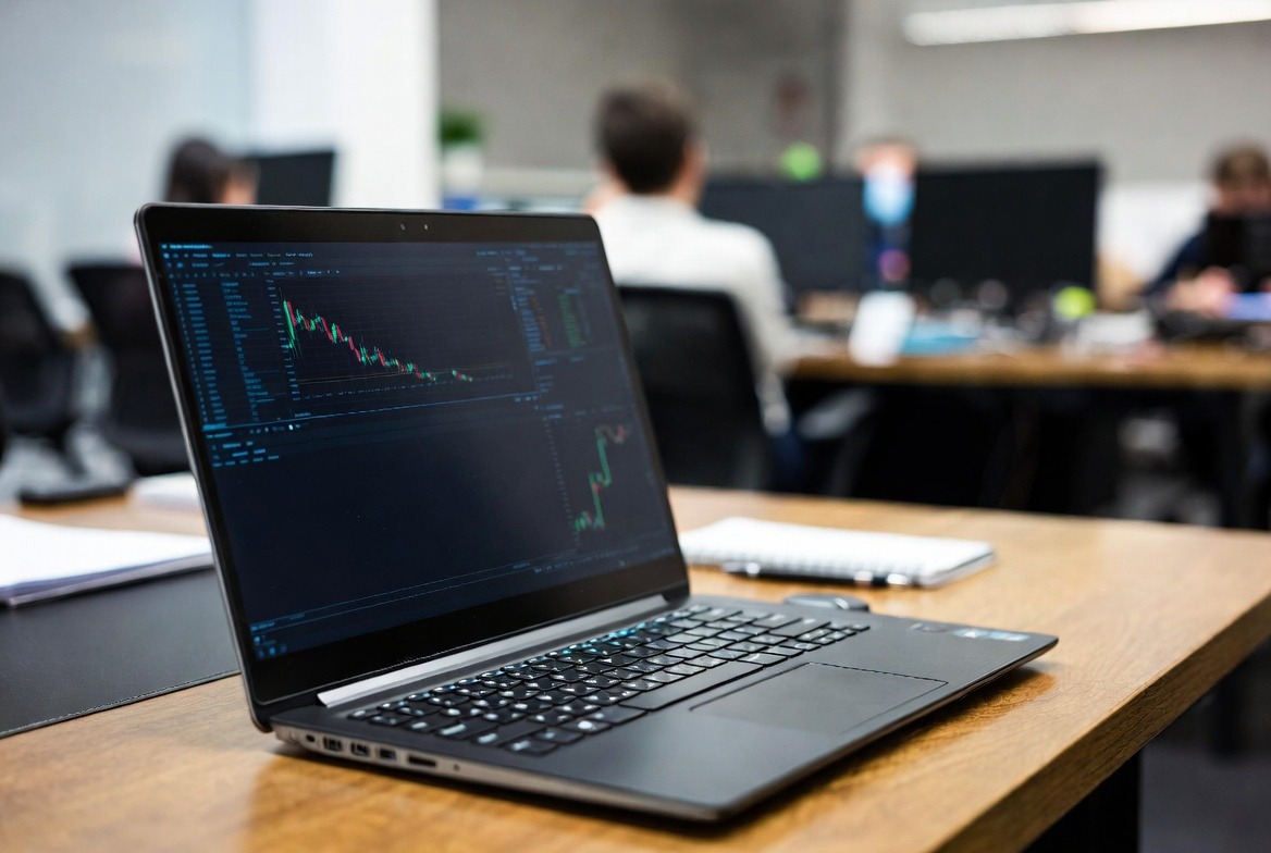 Laptop on a wooden office desk displaying real-time stock market trading charts and data.