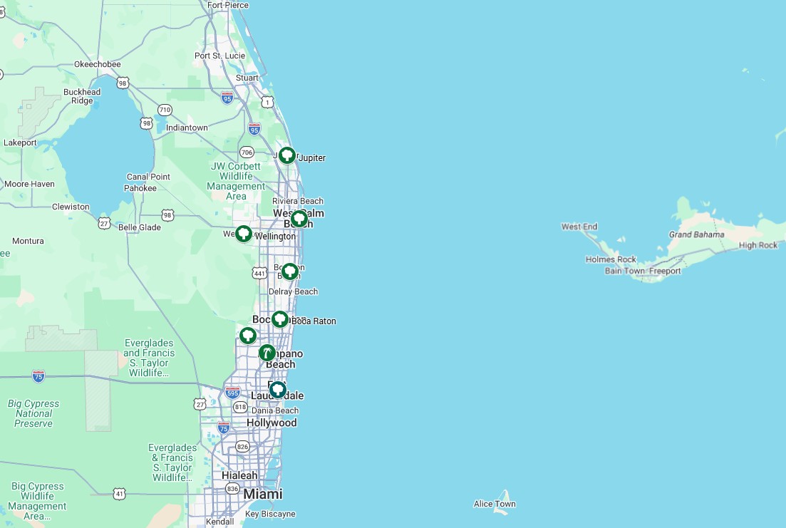 Map of South Florida showing coastal cities from Jupiter to Miami with green destination markers.