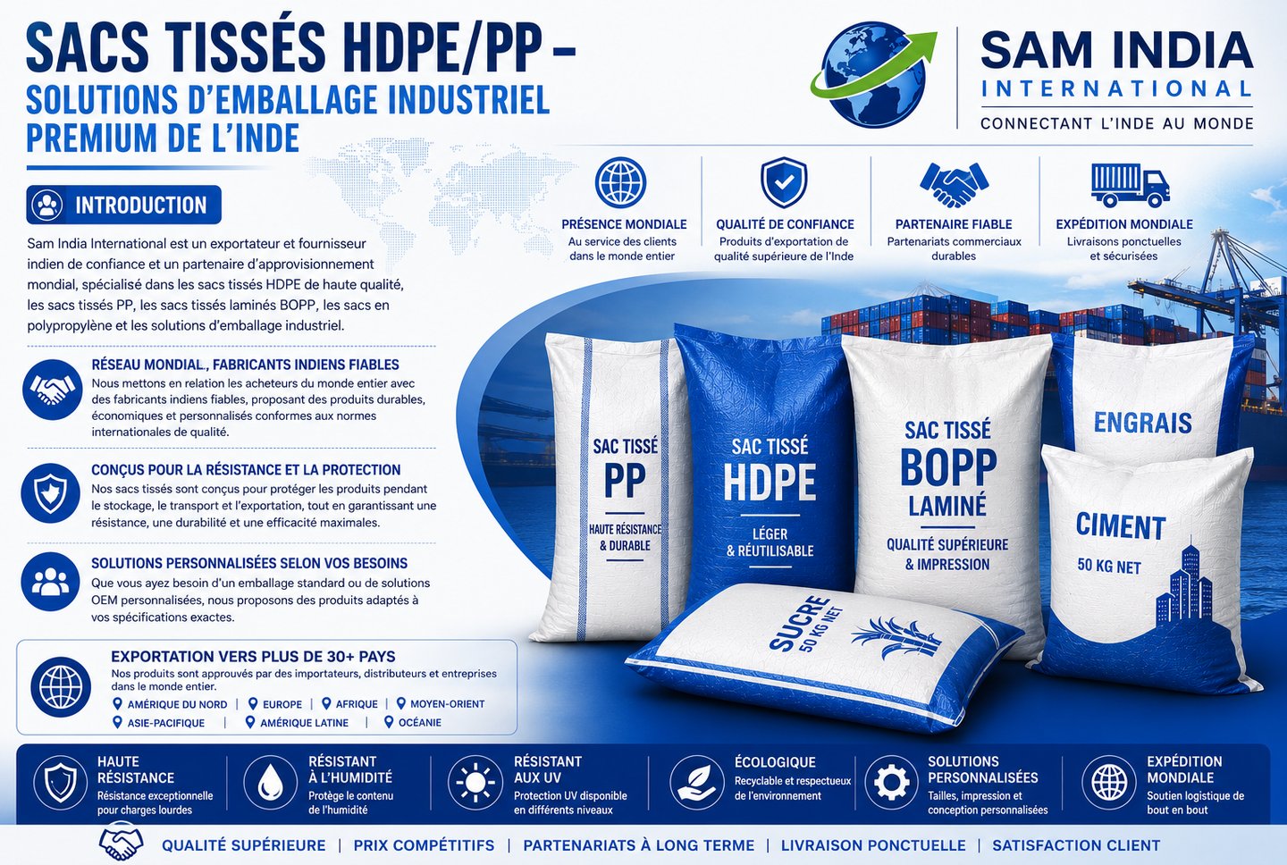 Industrial PP and HDPE woven sacks by Sam India International for packaging sugar, cement, and fertilizer.