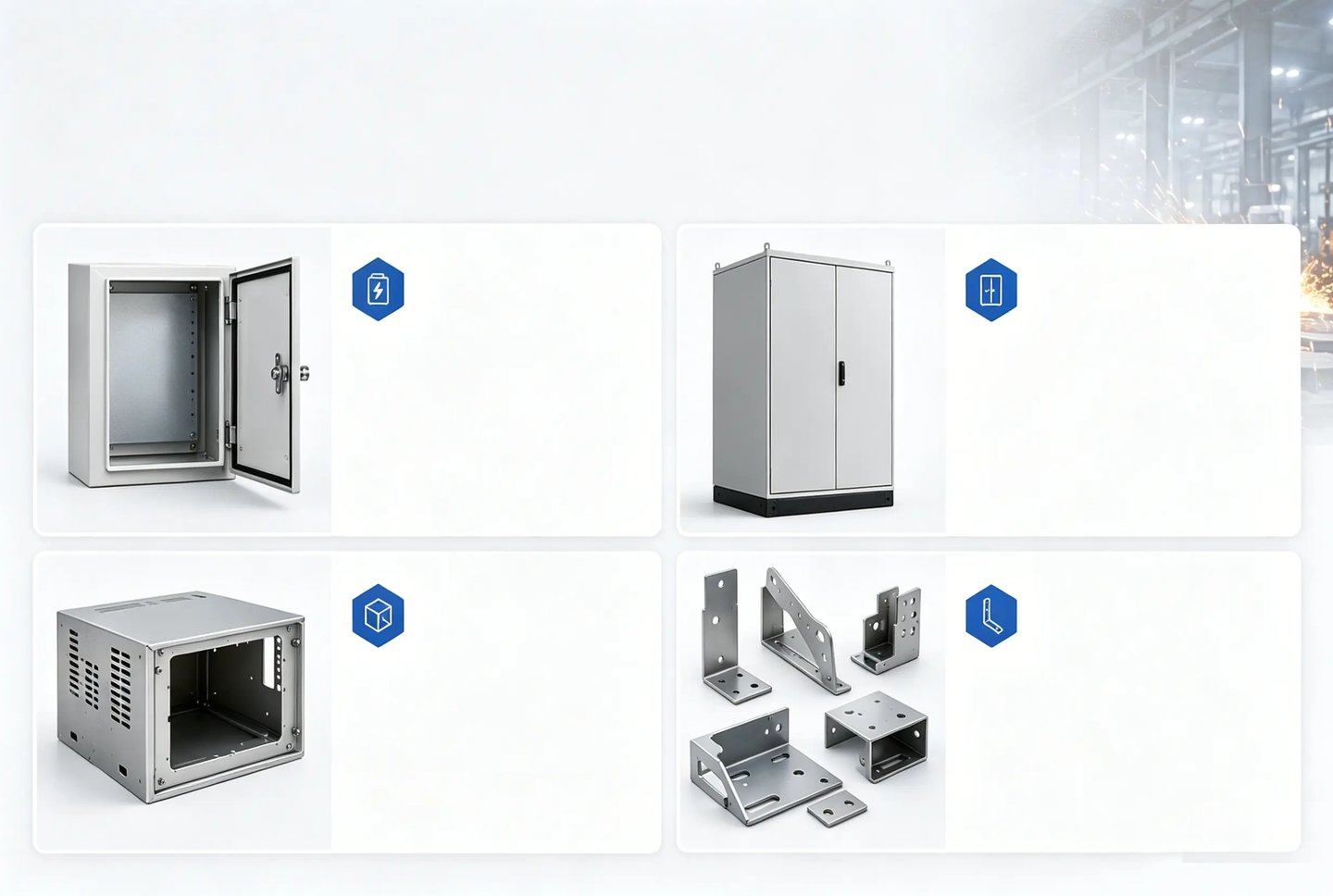 Industrial electrical enclosures, metal cabinets, and mounting brackets for power distribution.