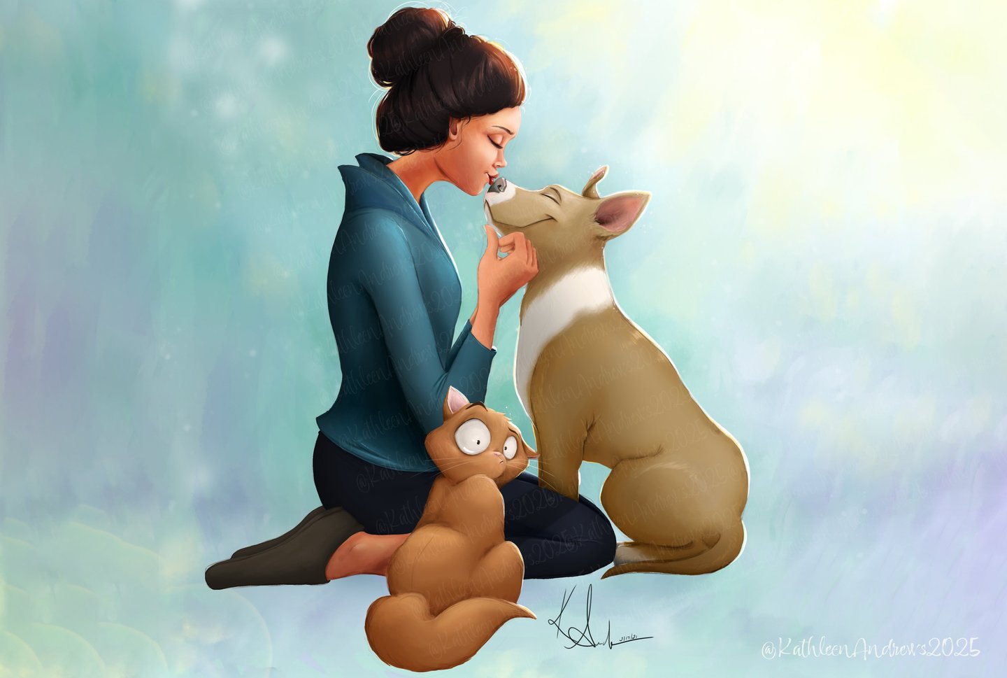 Heartwarming illustration woman kissing dogs nose funny cat shocked artwork art children's book illustrator