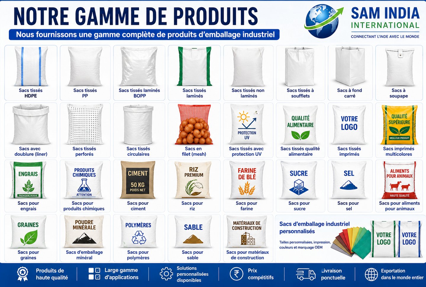 A catalog of Sam India International industrial packaging products including woven HDPE, PP, and BOPP sacks.